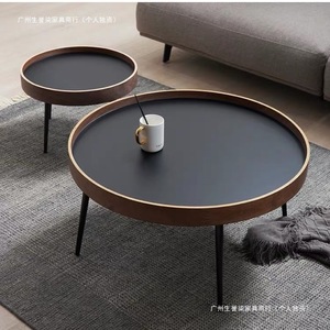 Nordic Minimalist <b>Walnut</b> <b>Coffee</b> <b>Table</b> <b>Round</b> Black Top Living Room Furniture Set - Product Image 5