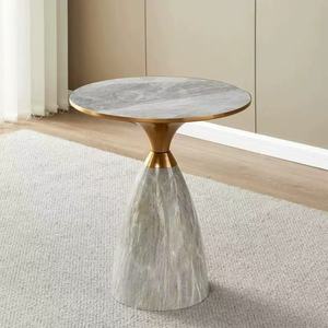 Elegante Mesa Auxiliar de Mármol con Ribete Dorado, Base Cónica de Madera, Mesa de Centro para Apartamento - Product Image 2