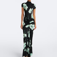Robe longue moulante sirène élégante pour femme, à imprimé floral vert menthe, col montant, manches courtes, taille froncée, fente latérale, base noire, pour soirée