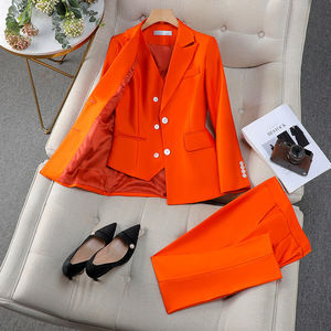 Women's Orange Suit Set Full Sleeve Polyester Satin Anti-Wrinkle Elegant Spring Casual Three Piece Jacket Vest Pants - Product Image 1