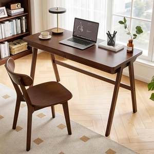 Scrivania per Computer in Legno Massello di Gomma, Stile Retrò Noce, con Cassetto e Gambe a Telaio a T, 120x55 cm, Design Robusto - Product Image 4