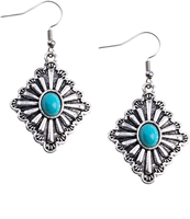 Boucles d'oreilles pendantes rustiques de style western avec concho, pour femme, en alliage plaqué argent antique, ornées de turquoise, pour cowgirl