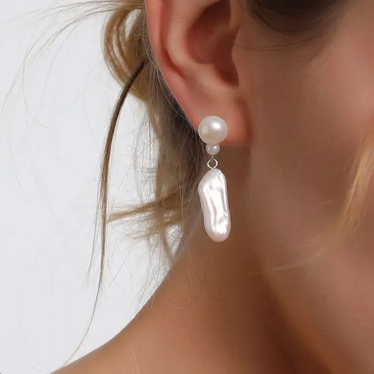 Elegant Design 925 Sterling Silver Baroque Pearl Hanging Earrings