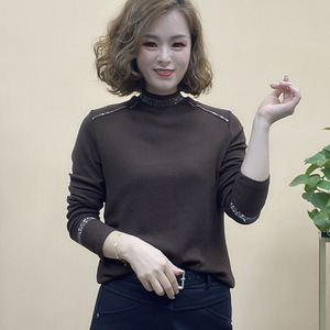 Women's High Neck Long Sleeve Slim Fit Knit Top With Rhinestone Detail Black Dark Gray Pink Burgundy Brown Elegant Soft Base - Product Image 3