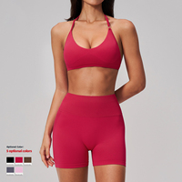 Ensemble de yoga 2 pièces sans couture pour femme, style halter, short taille haute sans couture avant, extensible, pour entraînement, gym, fitness, couleur unie, OEM ODM