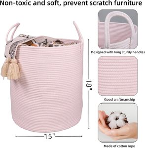 Cesto Portabiancheria in Corda di Cotone Intrecciata Resistente per Cameretta, Soggiorno, Stanza delle Ragazze, Design Boho, Alto, Rosa Chiaro - Product Image 2