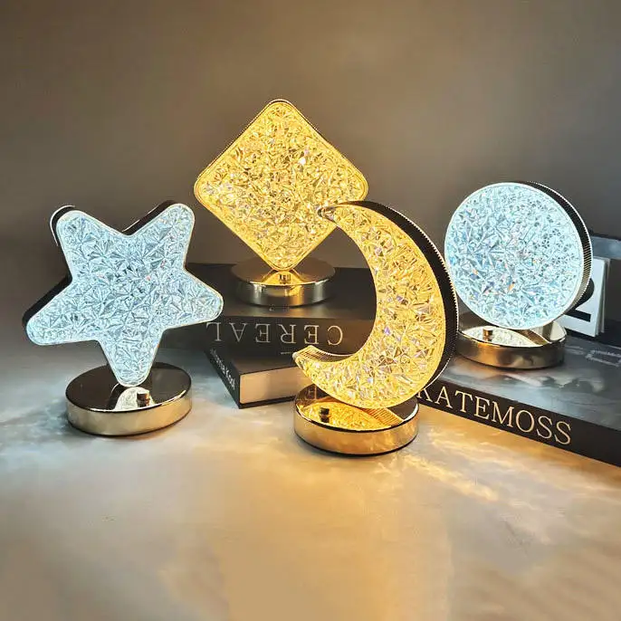 Usb Oplaadbare Touch Tricolor Lamp Led Star Halve Maan Acryl Kristal Decoratief Halve Maan Nachtlampje Voor Kinderen Meisjes Cadeau