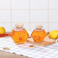 하이 퀄리티 육각 투명 유리 꿀 항아리 100ml/220ml/380ml 저장 병 대나무 커버 펌프 분무기 교반로드
