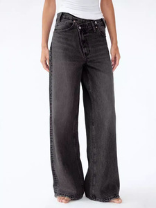<b>Women</b> High Rise Vintage Denim Wide Leg <b>Jeans</b> Embroidery Rivet <b>Button</b> Elastic Loose Oblique <b>Fly</b> Woven Breathable Baggy - Product Image 4