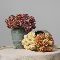 Bouquet de roses artificielles en soie, style vintage, 7 têtes, effet vieilli et brûlé, pour la maison