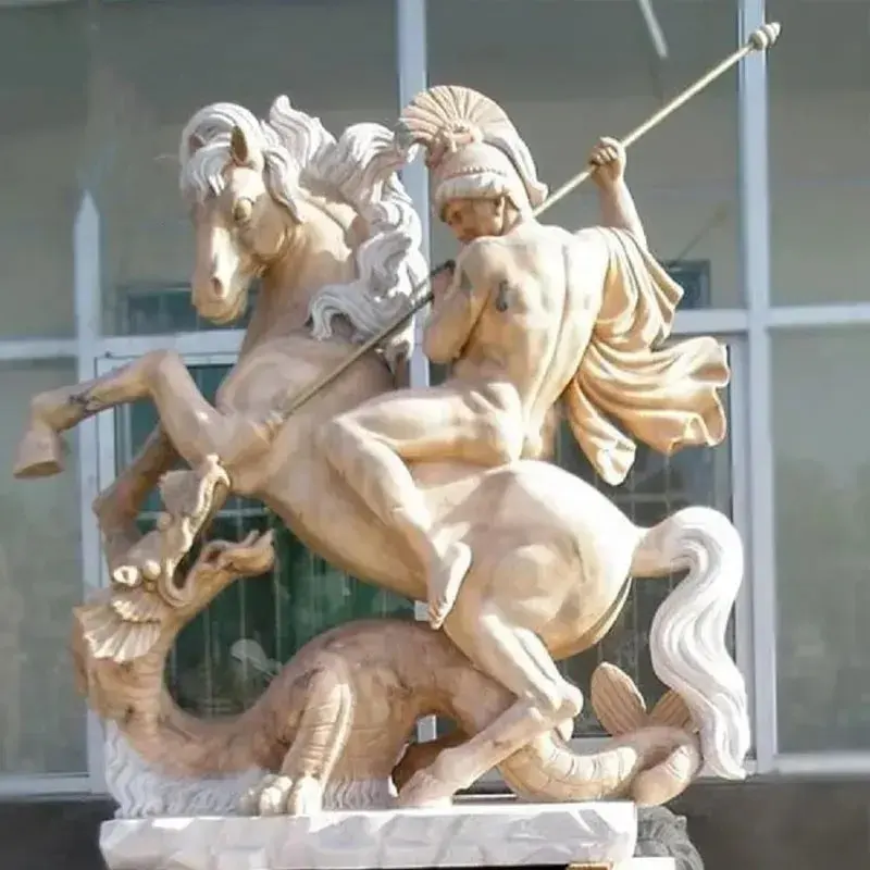 Pietra naturale intagliata a mano grandi statue di marmo bianco soldato romano a cavallo guerriero scultura per l'ingresso