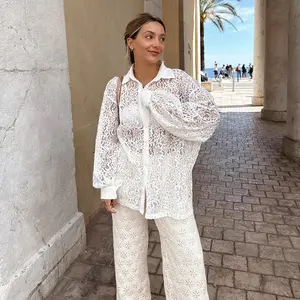 Nuevos estilos ropa moda 2024 suelta manga larga blanco elegante Casual lujo encaje señoras Tops diseñador verano camisas para mujeres