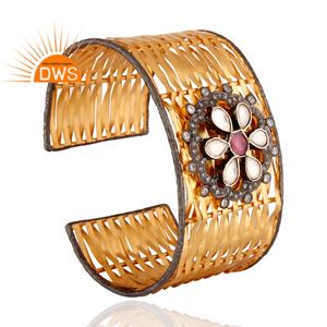 Crystal Quartz Gemstone Unique Net Design Handmade Gold Plated Indian <b>Sterling</b> <b>Silver</b> Wide <b>Cuff</b> <b>Bracelet</b> Jewelry Supplier - Product Image 2