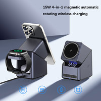 15W 4-in-1 draaibare magnetische draadloze oplaadstation met digitale wekker voor telefoon, smartwatch, oordopjes en meerdere apparaten