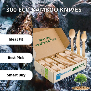 Ensemble de 300 couverts jetables en bois, sans éclats, style bambou, fourchettes, cuillères, couteaux pour fêtes et camping - Product Image 2