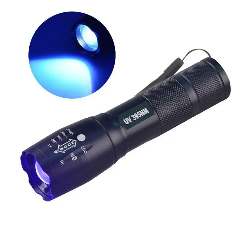 최고의 강력한 충전식 365nm 395nm UV LED 보라색 빛 손전등 블랙 헤드 토치 라이트 낚시