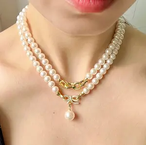 珍珠串珠交叉项链时尚精品锆石钻石饰品淡水珍珠项链女女孩礼品