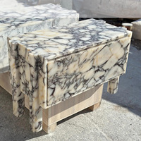 Table de Chevet Moderne de Luxe en Pierre Naturelle, Marbre Calacatta Viola, avec Tiroir en Chêne pour Chambre et Salon