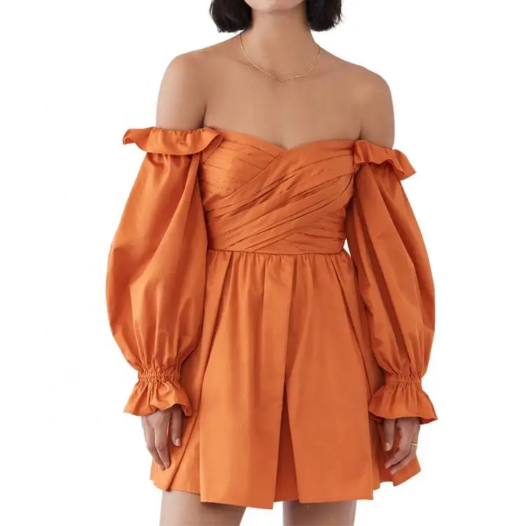 Mini abito <span class=keywords><strong>arancione</strong></span> con spalle scoperte manica a palloncino personalizzata increspato dettaglio abito moda