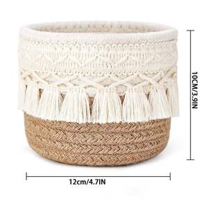 Panier de rangement en corde de coton style bohème avec pompons, support rond pour pinceaux de maquillage, organisateur de bureau en macramé - Product Image 6