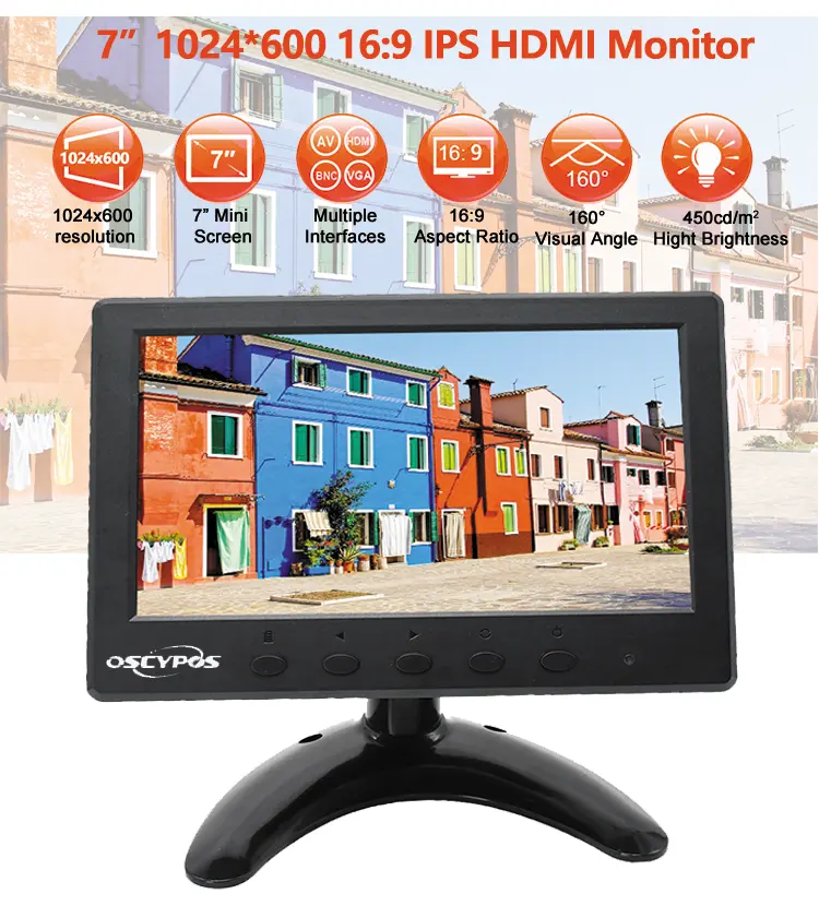 Monitor monitor lcd de 7 polegadas, pequeno hdmi, vga, bnc, interface carro, 7 polegadas, hd, desktop, monitor para câmera/ônibus
