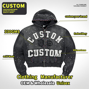 Sudadera con capucha oversize para hombre, con cremallera, 100% algodón, con parches de strass personalizados estilo streetwear, bordados, con lavado ácido y efecto desgastado por el sol. Proveedor líder. - Product Image 2