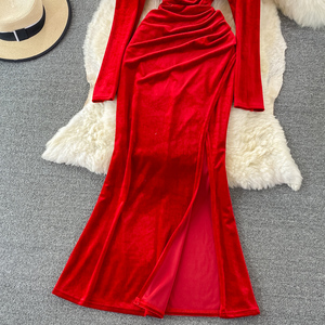 Nuova moda elegante collana bordo manica lunga abito di <span class=keywords><strong>velluto</strong></span> da donna abiti sottili - Product Image 5