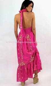 Fuchsia Bohemian Embroidered Organza Maxi Dress Halter Neck Loose Sequin Decoration Floral Print A-Line Plus Size Summer - Product Image 5