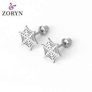 Zoryn 316L Stainless Steel Silver Plated Screw <b>Back</b> Stud <b>Earrings</b> Skull Hollow Out Hypoallergenic Tarnish Resistant for Women - Product Image 4