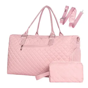 防水手提包运动旅行粉色女式健身房绗缝行李袋带洗漱包