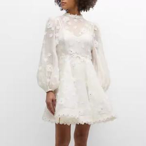Nouvelle arrivée, robe décontractée d'automne de haute qualité, manches longues, dentelle florale, robe en mousseline de soie, robe blanche modeste - Product Image 2
