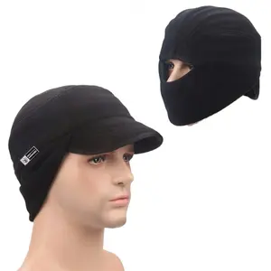 Mens winter cap fleece beanie hat earflap hat with visor beanie windproof outdoor cap tech fleece mask balaclava