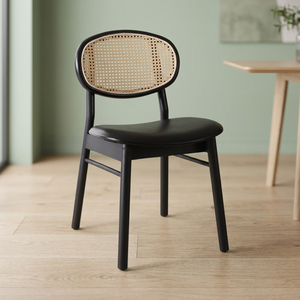Chaise de salle à manger en bois noir avec dossier en rotin et assise rembourrée, style mid-century modern, pour restaurant - Product Image 3