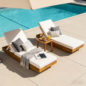 Acacia Wood Modern Luxury Chaise <strong>Lounge</strong> Cushion Teak Finish Eco-Friendly Outdoor Recliner Cream Water-Repellent <strong>Pool</strong> <strong>Lounge</strong> - Product Image 5