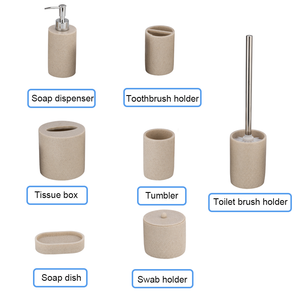 Juego completo de baño de 7 piezas de poliresina de piedra arenisca cálida y neutra, que incluye dispensador, vaso, jabonera y cepillo. - Product Image 3