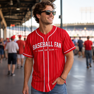Maillot de baseball personnalisé en coton à manches courtes avec rayures rouges, nom et numéro d'équipe personnalisés, boutons sur le devant, été - Product Image 1