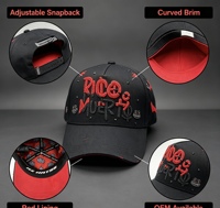 Topi Baseball 6 Panel Katun Hitam Twill Bordir 3D Merah Detail Berlian Imitasi Huruf Sporty Snapback Adjustable Gaya Jalanan
