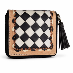 Portefeuilles longs en cuir faits à la main avec motif à carreaux tissé, fermeture éclair, portables et unisexes pour accessoires de style vintage - Product Image 1