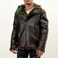 Herren Echtleder Shearling Kapuzenjacke Schwarz Winter Pelzgefütterte Lederjacke Warme Reißverschluss-Luxus-Oberbekleidung