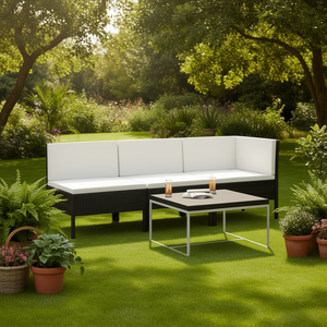Conjunto de Muebles de Jardín en Negro y Crema, Asientos de Ratán para Exteriores, Diseño Contemporáneo para 4 Personas, Estructura Metálica Resistente a la Intemperie - Product Image 2