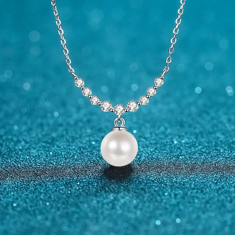 925 Sterling Silver Women's Necklace - Flawless 8mm Freshwater Pearl and Moissanite Charm