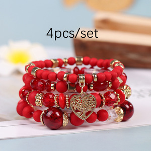 <span class=keywords><strong>4</strong></span> ensembles de bracelets en perles empilables de style bohème pour femmes, bracelets en perles de cristal en forme de cœur de style bohème extensibles - Product Image 4