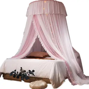 Lampu LED renda merah muda, Raja ukuran Ratu kanopi tempat tidur kubah jaring nyamuk tunggal/ganda untuk putri kamar tidur berkemah