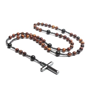 Supporto personalizzato religioso nero onice africano turchese ematite tigre pietra occhio di preghiera perline benedizione collana croce cristiana - Product Image 1