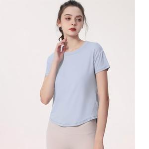 Camiseta de yoga transpirable de malla para mujer al por mayor, top deportivo de manga corta con dobladillo curvo y holgado, camiseta transpirable para correr y pilates - Product Image 3