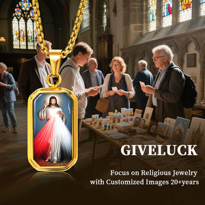 GIVELUCK liontin oktagon Custom <span class=keywords><strong>Mercy</strong></span> disepuh emas, medali Katolik personalisasi dengan aksen & desain sinar terukir - Product Image 6