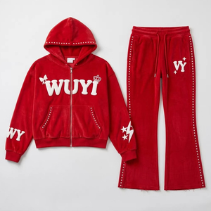Baddie Style Custom Logo <b>Red</b> Velvet Tracksuit Women Y2K Streetwear Puff Print Cropped Zip Up Hoodie <b>Flare</b> Sweatpants Set - Product Image 3