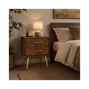 Wooden Bedroom Nightstand 2 Drawer <b>Bedside</b> <b>Table</b> Modern Chevron Design OEM ODM Custom Supplier Direct Supply Factory - Product Image 1