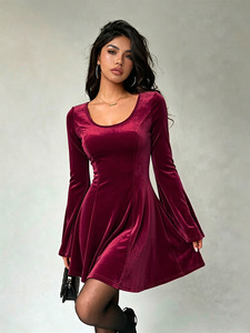 New European and American U-neck Velvet Dress with Women's Back Straightening, Waist cinching, Slimming and Trumpet Sleeves - Product Image 1