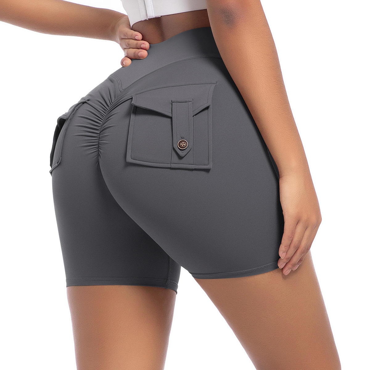 กางเกงขาสั้นกระเป๋างานฝีมือ6677-สีเทาเข้ม